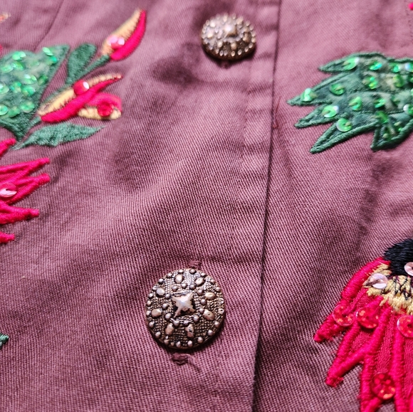 Tapestry Patch Women's L Jacket Sequined Flowers &Embroidered Bees Lined Brown - Picture 5 of 8